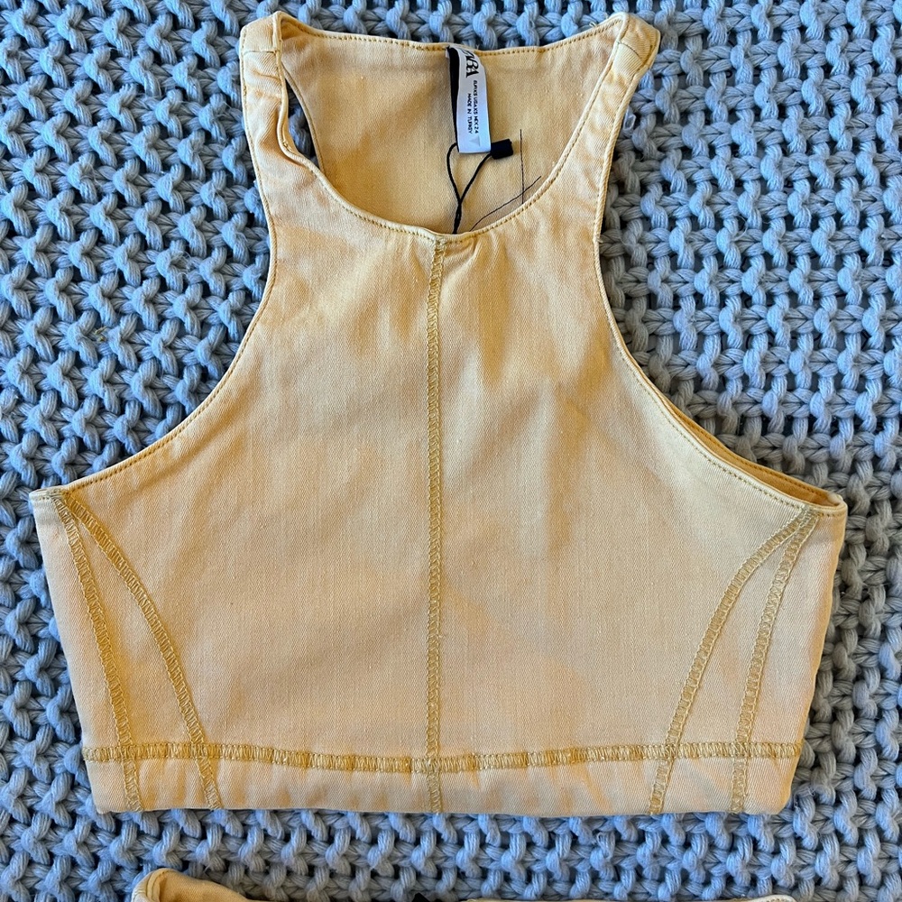 NWT Zara Set of Stretch Denim Racer Back Crop Top and Bike Shorts - Picture 5 of 13